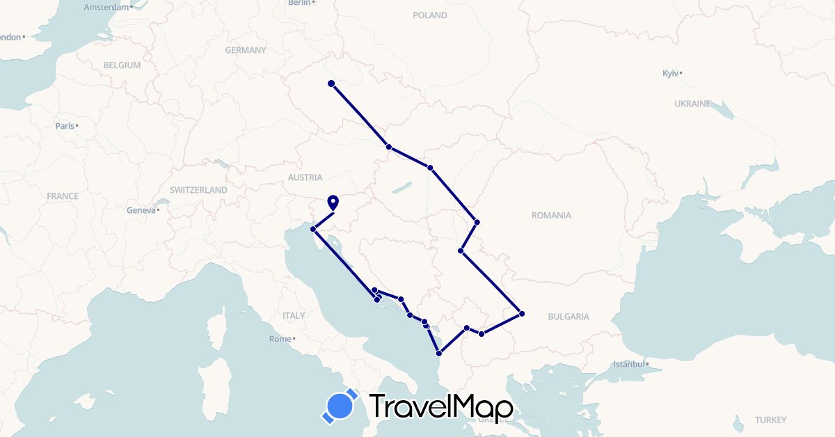 TravelMap itinerary: driving in Albania, Bosnia and Herzegovina, Bulgaria, Czech Republic, Croatia, Hungary, Montenegro, Macedonia, Romania, Serbia, Slovenia, Slovakia, Kosovo (Europe)