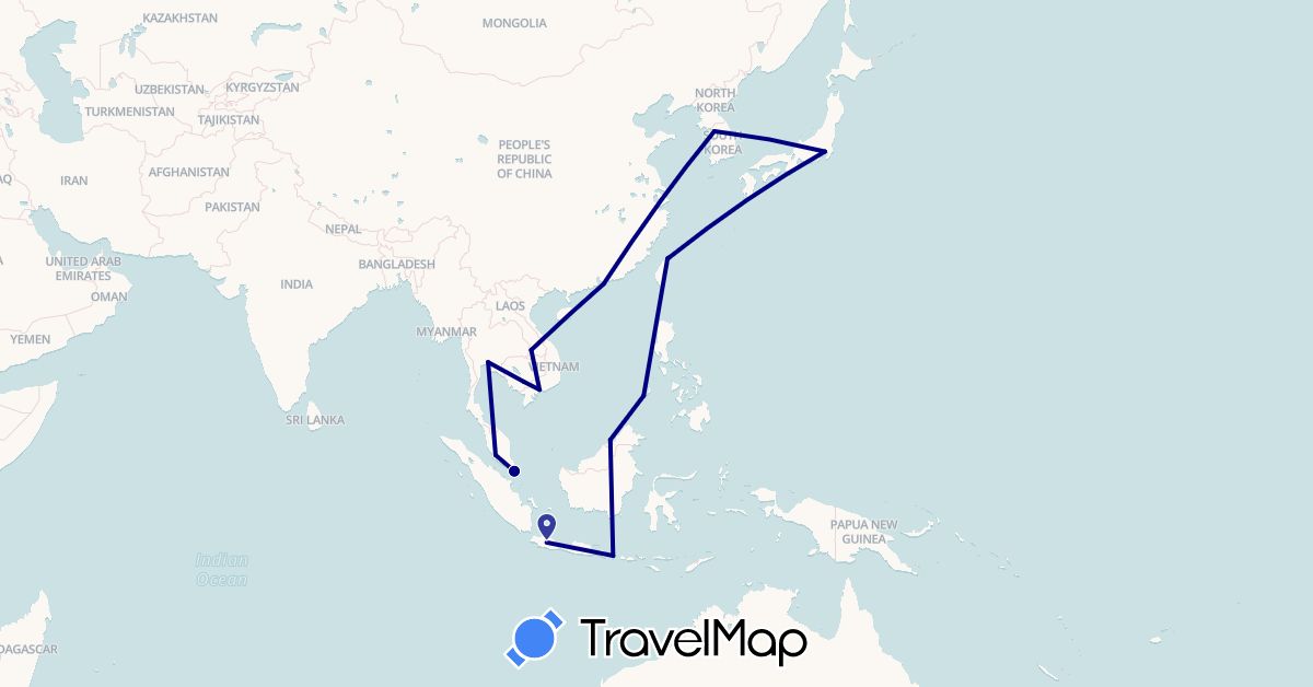 TravelMap itinerary: driving in Brunei, China, Indonesia, Japan, Cambodia, South Korea, Laos, Malaysia, Philippines, Singapore, Thailand, Taiwan, Vietnam (Asia)