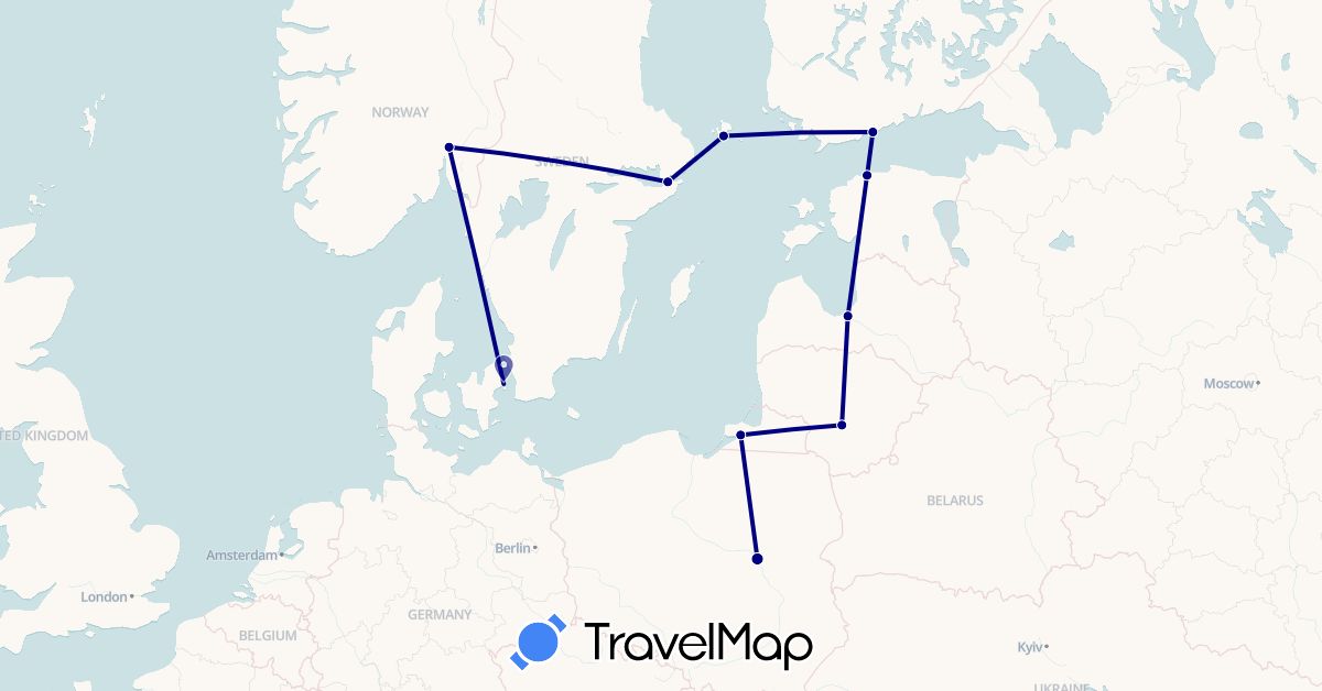 TravelMap itinerary: driving in Denmark, Estonia, Finland, Lithuania, Latvia, Norway, Poland, Russia, Sweden (Europe)