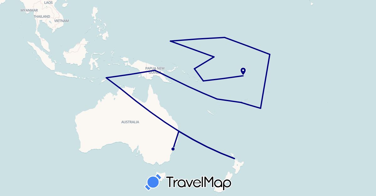 TravelMap itinerary: driving in Australia, Fiji, Micronesia, Kiribati, Marshall Islands, Nauru, New Zealand, Papua New Guinea, Solomon Islands, East Timor, Tonga, Tuvalu, Vanuatu (Asia, Oceania)